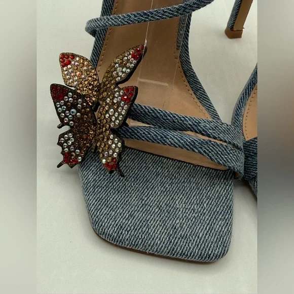Steve Madden Uma/Uma Denim Butterfly Rhinestone Stiletto Heels Embellished Ankle - Picture 10 of 17